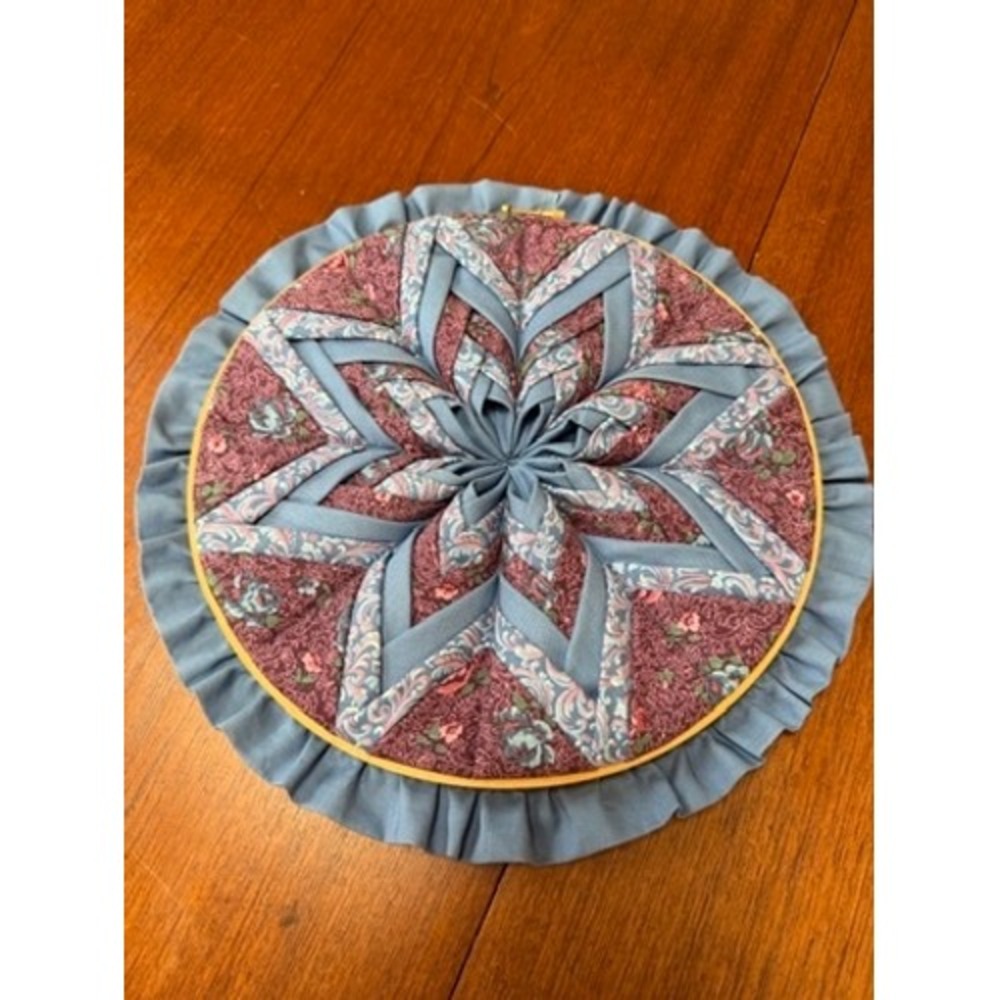 Handmade Folded Fabric Quilt Starburst Wall Hang 12" Embroidery Hoop Cottagecore
